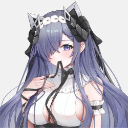 Rule 34 | 1girl, 7fan, animal ears, august von parseval (azur lane), august von parseval (the conquered unhulde) (azur lane), azur lane, between breasts, black bow, black horns, black ribbon, bow, breasts, cat ears, cropped dress, curled horns, dot nose, dress, frilled dress, frills, hair over one eye, hairband, hand on own shoulder, highres, horns, large breasts, mechanical ears, mechanical horns, mouth hold, official alternate costume, purple eyes, purple hair, ribbon, ribbon in mouth, sleeveless, smile, solo, two-tone dress, upper body, white background, white hairband