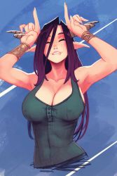 Rule 34 | 1girl, biting own lip, body freckles, breasts, fang, fingernails, freckles, highres, horns, large breasts, long hair, looking at viewer, mole, mole on breast, nipples, original, pointy ears, purple hair, raichiyo33, sharp fingernails, smile, tank top