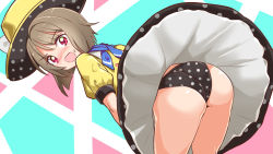 Rule 34 | 1girl, ass, bent over, black hat, blush, brown hair, cougar (cougar1404), dress, embarrassed, from behind, hat, leaning, leaning forward, looking at viewer, love live!, love live! nijigasaki high school idol club, nakasu kasumi, open mouth, panties, pantyshot, polka dot, polka dot panties, red eyes, shiny clothes, shiny skin, short hair, solo, underwear, wedgie, wind, wind lift, yellow hat