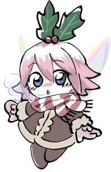 Rule 34 | 1girl, alternate costume, blue eyes, blush, breath, coat, fairy wings, fur-trimmed jacket, fur trim, hair ornament, holly hair ornament, jacket, kirby (series), kirby 64, nintendo, pink hair, rasu (pixiv9799832), ribbon (kirby), scarf, solo, white background, wings, winter clothes