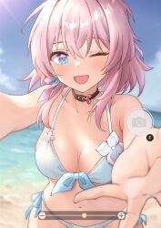 Rule 34 | 1girl, ;d, absurdres, b1ack illust, beach, bikini, black choker, blue eyes, blurry, blurry background, blush, breasts, choker, cleavage, collarbone, commentary, cowboy shot, depth of field, earrings, hair between eyes, highres, honkai: star rail, honkai (series), jewelry, march 7th (honkai: star rail), medium breasts, medium hair, one eye closed, open hand, open mouth, outstretched arm, pink eyes, pink hair, selfie, single earring, smile, solo, swimsuit, two-tone eyes, user interface