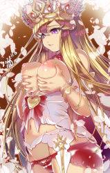 Rule 34 | 1girl, bare shoulders, blonde hair, border, bow, bracelet, grabbing another&#039;s breast, breast hold, breast lift, breasts, breasts out, clenched teeth, collar, commentary request, cowboy shot, crown, dated, dress, europa (fate), eyebrows hidden by hair, fading border, fate/grand order, fate (series), from side, garter belt, grabbing, hair between eyes, heart, highres, hisahiko, jewelry, long hair, lowleg, lowleg panties, midriff, navel, nipples, off-shoulder dress, off shoulder, outline, panties, purple eyes, pursed lips, red bow, red collar, red panties, grabbing own breast, signature, solo, teeth, underwear, very long hair, white dress
