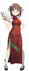 Rule 34 | 1girl, absurdres, amami haruka, bare shoulders, breasts, brown hair, china dress, chinese clothes, closed mouth, dress, earrings, floral print, flower, full body, green eyes, gyorui (katsuwo drawing), hand fan, hand on own hip, high heels, highres, holding, holding fan, idolmaster, idolmaster (classic), idolmaster million live!, idolmaster million live! theater days, jewelry, looking at viewer, medium breasts, plum blossoms, red dress, short hair, side slit, simple background, sleeveless, sleeveless dress, smile, solo, white background