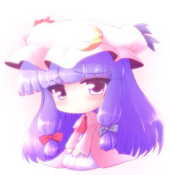 Rule 34 | 1girl, chibi, female focus, full body, gradient background, hat, highres, long hair, patchouli knowledge, purple eyes, purple hair, solo, tdk, touhou, white background