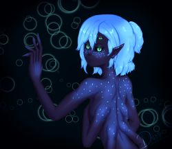 Rule 34 | 1girl, armpits, bioluminescence, blue hair, colored skin, covering chest, covering privates, dahala09, dark background, extra arms, extra eyes, female focus, glowing, glowing eyes, green eyes, highres, light blue hair, monster girl, multicolored skin, no humans, nude, original, pointy ears, ponytail, purple skin, simple background, solo, two-tone skin