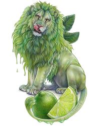 Rule 34 | animal, artist name, commentary, dripping, english commentary, food, fruit, leaf, lime (fruit), lime slice, lion, looking at viewer, no humans, original, simple background, sushiartstudio, tongue, tongue out, watermark, white background