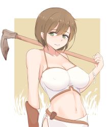 Rule 34 | 1girl, bare shoulders, border, breasts, brown hair, collarbone, covered erect nipples, folait, green eyes, halterneck, halterneck, highres, hoe, large breasts, looking at viewer, mole, mole on body, mole on breast, mole under eye, navel, original, outside border, short hair, signature, solo