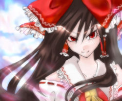 Rule 34 | 1girl, ascot, black hair, bow, collar, evil smile, face, female focus, frills, hair bow, hair tubes, hakurei reimu, himeka, imperishable night, long hair, looking at viewer, red bow, red eyes, sidelocks, smile, solo, touhou