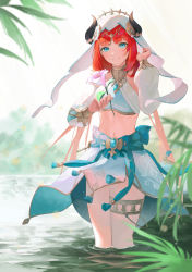 Rule 34 | 1girl, absurdres, blue gemstone, breasts, brooch, circlet, closed mouth, crop top, flower, gem, genshin impact, gold trim, hand up, harem outfit, highres, holding, holding flower, horns, inakanoinonaka, jewelry, long hair, looking at viewer, low twintails, medium breasts, navel, neck ring, nilou (genshin impact), outdoors, skirt, smile, solo, stomach, tassel, thighlet, thighs, twintails, veil, wading, water, white headwear