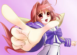 Rule 34 | 1girl, ahoge, blue bow, bow, commentary request, cowboy shot, gradient background, hair bow, hair intakes, index finger raised, kagami sumika, large bow, long hair, long sleeves, looking at viewer, low ponytail, muv-luv, muv-luv alternative, open mouth, outstretched arm, palms, partial commentary, ponytail, red eyes, red hair, school uniform, serafuku, skirt, sky rabbit, solo, standing, very long hair, white skirt, yellow bow