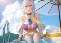 Rule 34 | 1girl, azur lane, bare shoulders, bikini, black bean, blue eyes, blue sky, blush, breasts, choker, cleavage, collarbone, cross-laced clothes, earrings, eyepatch bikini, grey hair, highres, jewelry, large breasts, looking at viewer, navel, open mouth, purple bikini, purple choker, reno (azur lane), reno (summer spin-off) (azur lane), short hair, sky, smile, solo, swimsuit, thighs, wet