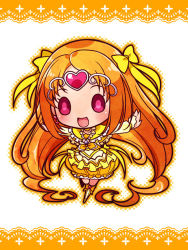 Rule 34 | 10s, 1girl, :d, boots, bow, bubble skirt, chibi, circlet, cure muse, cure muse (yellow), dress, frills, full body, gathers, hair ribbon, happy, heart, katsuma rei, knee boots, long hair, magical girl, open mouth, orange hair, orange skirt, outstretched arms, precure, purple eyes, ribbon, shirabe ako, skirt, smile, solo, spread arms, standing, standing on one leg, suite precure, yellow bow