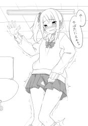 Rule 34 | 1girl, bathroom, blush, bow, breath, earrings, embarrassed, female focus, greyscale, hair ornament, hand up, have to pee, highres, indoors, jacket, japanese text, jewelry, kiyomin, kneehighs, knees together feet apart, long sleeves, loose socks, mirror, monochrome, nose blush, pleated skirt, school uniform, scrunchie, shirt, side ponytail, sink, sketch, skirt, socks, solo, speech bubble, standing, sweat, talking, tears, text focus, translated, trembling, white background