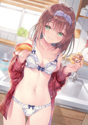 Rule 34 | 1girl, blush, bow, bow bra, bow panties, bra, breasts, brown hair, cleavage, cowboy shot, doughnut, dutch angle, food, gluteal fold, green eyes, hairband, head tilt, highres, holding, indoors, kitchen, long hair, looking at viewer, miwabe sakura, navel, non-web source, original, panties, parted lips, plaid, sidelocks, small breasts, smile, solo, sunlight, thigh gap, underwear, white bra, white panties