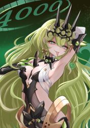 1girl absurdres armpits bare_hips black_crown black_dress breasts chest_spike collar crown dress earrings green_background green_hair hair_ornament highres honkai_(series) honkai_impact_3rd jewelry long_hair looking_at_viewer mobius_(honkai_impact) naughty_face royo21294110 single_earring smile tongue tongue_out two-tone_eyes white_dress