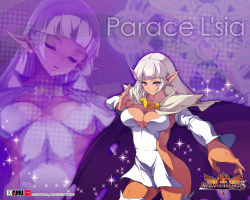 Rule 34 | 1girl, :d, akaga hirotaka, aq interactive, arcana heart, arcana heart 3, atlus, bare hips, blunt bangs, body blush, breasts, breasts apart, cape, character name, cleavage, closed eyes, copyright name, covered navel, dark-skinned female, dark elf, dark skin, detached sleeves, dress, dual persona, elf, examu, fingernails, foreshortening, halftone, halftone background, large breasts, light smile, lipstick, long fingernails, long hair, looking at viewer, makeup, nail polish, official art, official wallpaper, open mouth, outstretched arm, parace l&#039;sia, parted bangs, pointy ears, purple background, red eyes, revealing clothes, short dress, side slit, sleeping, smile, sparkle, standing, thighhighs, torn cape, torn clothes, wallpaper, white dress, white hair, white thighhighs, zettai ryouiki
