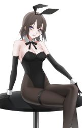 Rule 34 | 1girl, :p, animal ears, bare shoulders, black gloves, black leotard, black ribbon, breasts, brown hair, brown pantyhose, cleavage, crossed legs, detached collar, elbow gloves, fake animal ears, feet out of frame, gloves, grey eyes, highres, kuen (kuennn12), large breasts, leotard, medium hair, mole, mole on breast, neck ribbon, on table, original, pantyhose, playboy bunny, rabbit ears, ribbon, simple background, solo, strapless, strapless leotard, table, thigh strap, tongue, tongue out, white background, wrist cuffs