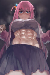 Rule 34 | 1girl, abs, black skirt, black sports bra, blue eyes, bocchi the rock!, from below, gotoh hitori, hair ornament, highres, jacket, long hair, muscular, muscular female, nervous, pink hair, pink jacket, skirt, solo, sports bra, sweat, track jacket, yilx