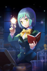 Rule 34 | 1girl, blazer, blue hair, book, bookmark, bow, darkness, dress shirt, frills, glasses, glowing, green eyes, holding, holding book, jacket, lamp, lowres, open book, open mouth, parted bangs, ribbon, school uniform, shirt, short hair, solo, sparkle, sword girls, uniform, window