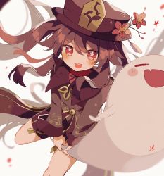 Rule 34 | 1girl, :d, black shorts, blush, branch, brown coat, closed mouth, coat, coattails, collared coat, fang, flower, flower-shaped pupils, genshin impact, ghost, hair flaps, hat, hat flower, highres, hu tao (genshin impact), long hair, looking at viewer, mina (sio0616), open mouth, plum blossoms, porkpie hat, red eyes, red flower, red shirt, shirt, shorts, sidelocks, smile, solo, symbol-shaped pupils, twintails, v-shaped eyebrows, very long hair