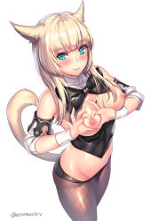Rule 34 | 1girl, animal ears, aqua eyes, aruma jiki, blonde hair, blush, bow, breasts, breasts out, bustier, cat ears, cat tail, detached sleeves, final fantasy, final fantasy xiv, from above, heart, heart-shaped boob challenge, heart-shaped pupils, heart hands, long hair, looking at viewer, looking up, medium breasts, midriff, miqo&#039;te, nipples, pantyhose, smile, solo, symbol-shaped pupils, tail, white background, wrist cuffs