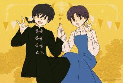 1boy 1girl black_hair black_pants black_shirt blue_dress braid brown_eyes brown_hair chinese_clothes dress feet_out_of_frame highres long_sleeves open_mouth pants parted_bangs ranma_1/2 saotome_ranma shirt shirt_under_dress short_hair short_hair_with_long_locks single_braid sitting smile tamagodamaco tendou_akane white_shirt yellow_background