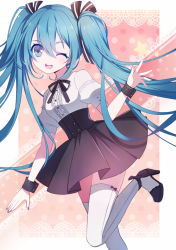 Rule 34 | 1girl, 6 yin, ;d, blue eyes, blue hair, bow, bowtie, hair bow, hair ribbon, hatsune miku, high heels, long hair, looking at viewer, matching hair/eyes, one eye closed, open mouth, pleated skirt, ribbon, ruffled shirt, skirt, smile, solo, thighhighs, twintails, vocaloid, white thighhighs