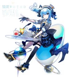 Rule 34 | 1girl, apple, asymmetrical legwear, bendy straw, beret, black footwear, black gloves, black socks, blue bow, blue choker, blue eyes, blue hair, blue neckerchief, boots, bow, choker, collared shirt, crown, cyawa, drinking straw, english text, food, fruit, full body, gloves, grey hat, grey jacket, grey skirt, hair bow, hat, high heel boots, high heels, highres, holding, holding paper, hololive, hoshimachi suisei, hoshimachi suisei (1st costume), jacket, juice box, kneehighs, long hair, microphone, mini crown, neckerchief, one eye closed, paper, parted lips, partially fingerless gloves, plaid, plaid headwear, plaid jacket, plaid skirt, planetary ring, plant, pleated skirt, red apple, romaji text, shirt, short sleeves, side ponytail, single kneehigh, single sock, single thighhigh, skirt, socks, solo, star (symbol), striped, striped bow, thigh strap, thighhighs, uneven legwear, virtual youtuber, white background, white shirt