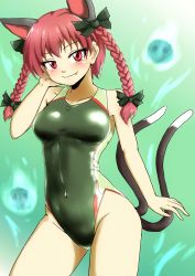 Rule 34 | 1girl, animal ears, bow, braid, breasts, cat ears, cat tail, competition swimsuit, d-m (dii emu), extra ears, green background, green one-piece swimsuit, hair bow, highres, hitodama, kaenbyou rin, looking at viewer, medium breasts, nekomata, one-piece swimsuit, pointy ears, red eyes, red hair, skull, smile, solo, swimsuit, tail, touhou, twin braids, two tails