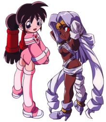 Rule 34 | 1990s (style), absurdly long hair, arms behind head, ass, blue eyes, boots, brown hair, canny (saber r), cherry (saber r), circlet, dark-skinned female, dark skin, full body, grey hair, high heels, long hair, long sleeves, looking at viewer, non-web source, official art, one eye closed, open mouth, red eyes, retro artstyle, saber marionette r, simple background, standing, twintails, very long hair, white background