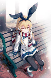 Rule 34 | 10s, 1girl, 40hara, adapted costume, alternate costume, ankle boots, bench, blonde hair, boots, chromatic aberration, coat, fur-trimmed boots, fur boots, fur trim, grey footwear, hairband, highres, kantai collection, long hair, looking at viewer, looking up, mittens, pantyhose, rensouhou-chan, revision, scarf, shimakaze (kancolle), sitting, solo, striped clothes, striped scarf, winter clothes