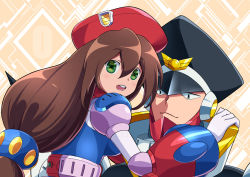 Rule 34 | 1boy, 1girl, android, argyle, argyle background, argyle clothes, brother and sister, brown hair, closed mouth, colonel (mega man), commentary request, green eyes, hat, helmet, iris (mega man), looking at viewer, mega man (series), mega man x4, mega man x (series), open mouth, parco 1315, robot, siblings, smile, teeth, upper body, upper teeth only