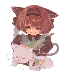 Rule 34 | 1girl, absurdres, animal, animal ears, cat, cat ears, cat tail, closed eyes, frills, grey cat, hairband, highres, holding, holding animal, holding cat, kaenbyou rin, looking down, multiple tails, petting, puffy sleeves, red hair, simple background, sunnyagi906, tail, touhou, two tails, upper body, whiskers, white background, white cat