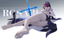 Rule 34 | 1girl, ass, bare shoulders, barefoot, breasts, elbow gloves, feet, from behind, genshin impact, gloves, habit, highres, large breasts, leotard, looking at viewer, looking down, pale skin, polearm, purple eyes, purple hair, rosaria (genshin impact), shiny skin, short hair, sideboob, solo, spear, veil, waist cape, weapon, yonoki