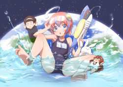 Rule 34 | 1boy, 2girls, ahoge, animal, arm up, bare arms, bare legs, bare shoulders, barefoot, black shirt, black one-piece swimsuit, blue eyes, blue hair, brown hair, rabbit, chibi, commentary request, earth (planet), goggles, goggles on head, green shorts, holding, multicolored hair, multiple girls, muu rian, old school swimsuit, one-piece swimsuit, original, parted lips, planet, red-framed eyewear, school swimsuit, semi-rimless eyewear, shirt, short shorts, short sleeves, shorts, streaked hair, swimsuit, under-rim eyewear, water, water gun, white shirt