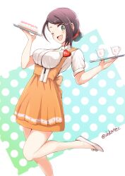 Rule 34 | 1girl, alternate hairstyle, anna miller, apron, black hair, blue background, blush, border, bow, breasts, character name, commentary request, cream, cup, dress bow, folded ponytail, food, fruit, gradient background, green eyes, hair ornament, hair scrunchie, hands up, high-waist skirt, highres, holding, holding tray, idolmaster, idolmaster cinderella girls, idolmaster cinderella girls starlight stage, large breasts, leg up, long hair, looking at viewer, menu, name tag, one eye closed, open mouth, orange apron, orange bow, orange skirt, outside border, pen, pie, polka dot, polka dot background, ponytail, red scrunchie, scrunchie, shikamax2, shirt, shoes, short sleeves, skirt, smile, solo, standing, standing on one leg, strawberry, suspender skirt, suspenders, teacup, tray, twitter username, underbust, waitress, white border, white footwear, white shirt, yamato aki