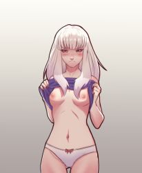 Rule 34 | 1girl, blush, breasts, clothes lift, fire emblem, fire emblem: three houses, looking at viewer, lysithea von ordelia, nipples, panties, pomelomelon, shirt lift, small breasts, solo, topless, underwear, white hair