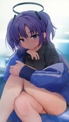 Rule 34 | 1girl, absurdres, anshinmama, bare legs, black shirt, blue archive, blue jacket, blush, breasts, closed mouth, crossed legs, feet out of frame, hand on own chin, highres, jacket, long hair, long sleeves, looking at viewer, medium breasts, off shoulder, open clothes, open jacket, purple eyes, purple hair, shirt, solo, steaming body, sweat, two side up, yuuka (blue archive), yuuka (track) (blue archive)