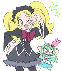 Rule 34 | 2girls, angry, biburi (precure), biburi (precure) (cosplay), blonde hair, bow, clenched teeth, cosplay, costume switch, green eyes, green hair, hacchi (tennencalpis), hairband, hand on own hip, juliet sleeves, kirahoshi ciel, kirahoshi ciel (cosplay), kirakira precure a la mode, long hair, long sleeves, multiple girls, pantyhose, parted bangs, precure, puffy sleeves, simple background, teeth, v, white background