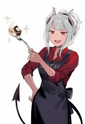 Rule 34 | 1girl, apron, clothes writing, collared shirt, demon girl, demon horns, demon tail, duoyuanjun, food, food on face, fork, helltaker, highres, holding, holding fork, horns, lucifer (helltaker), mole, mole under eye, open mouth, red eyes, red shirt, shirt, silver hair, simple background, solo, sparkle, tail, white background