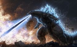 Rule 34 | 10s, 2015, atomic breath, beam, black energy, breath weapon, breathing fire, building, city, dated, destruction, electricity, energy, energy beam, fire, glowing, glowing eyes, glowing spikes, godzilla, godzilla (series), gradient background, highres, kaijuu, laser, monster, mouth beam, night, night sky, no humans, open mouth, particles, plasma, sharp teeth, sky, smoke, spikes, tail, teeth, toho, tongue, zhen lu