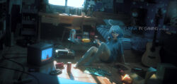 Rule 34 | 1girl, acoustic guitar, arm support, barefoot, bed, bed sheet, bedroom, blue eyes, blue hair, book, box, cabinet, can, chair, clock, coca-cola, commentary request, contemporary, controller, cowlick, cup, de4d fish, desk, furina (genshin impact), game console, game controller, genshin impact, guitar, handheld game console, headphones, headphones around neck, highres, holding, holding controller, holding game controller, instrument, lamp, light blue hair, mario (series), mecha, milk carton, mug, nes, nintendo, pillow, pleated skirt, poster (object), robot, sitting, skirt, solo, stuffed animal, stuffed toy, super mario bros. 1, table, teddy bear, wallpaper (object), window, wooden floor
