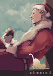 Rule 34 | 1boy, christmas, dice earrings, facial hair, feet out of frame, from side, gift, hat, hato (ronamale), highres, holding, holding gift, male focus, mature male, mustache, old, old man, original, pants, red hat, santa costume, santa hat, short hair, sideways glance, sitting, solo, thick eyebrows, white hair