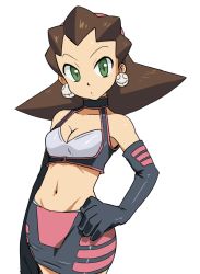 Rule 34 | 1girl, alternate costume, bare shoulders, breasts, brown hair, capcom, cleavage, cleavage cutout, clothing cutout, collarbone, earrings, elbow gloves, female focus, gloves, green eyes, groin, hair slicked back, hairband, halterneck, hand on own hip, jewelry, looking at viewer, mega man (series), mega man legends (series), midriff, miniskirt, muu (mumumer), navel, pink hairband, race queen, short hair, simple background, skirt, small breasts, solo, standing, tron bonne (mega man), white background