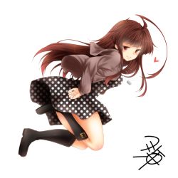 Rule 34 | 1girl, ahoge, alternate costume, black footwear, black skirt, boots, brown eyes, brown hair, huge ahoge, kantai collection, kuma (kancolle), long hair, long sleeves, polka dot, revision, signature, simple background, skirt, solo, white background, yua (checkmate)