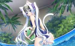 Rule 34 | 1girl, animal ears, artist name, ass, bad id, bad pixiv id, blue eyes, blue one-piece swimsuit, blush, bow, bush, cat ears, cat girl, cat tail, commentary request, dated, dutch angle, eucliwood hellscythe, hair between eyes, hair bow, haneru, headpiece, holding, indoors, kemonomimi mode, kickboard, kore wa zombie desu ka?, long hair, looking at viewer, looking back, old school swimsuit, one-piece swimsuit, palm tree, purple bow, school swimsuit, school uniform, sidelocks, silver hair, solo, swimsuit, tail, tree, twintails, vambraces, very long hair, wading, water