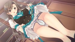 Rule 34 | 1girl, blush, breasts, brown eyes, brown hair, chastity belt, clothes lift, fusataka shikibu, game cg, large breasts, legs, long hair, looking down, open mouth, pussy juice, school uniform, skirt, skirt lift, smile, standing, thighs, tsugou no ii kazoku, wet