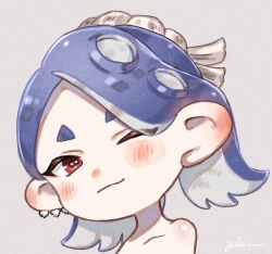 Rule 34 | 1girl, ;), artist name, asymmetrical hair, bare shoulders, blue hair, blush, cephalopod eyes, closed mouth, collarbone, ear blush, earrings, grey background, hair behind ear, horizontal pupils, jewelry, long hair, multiple earrings, nintendo, nose blush, octoling, one eye closed, plum0o0, portrait, red eyes, shiver (splatoon), short eyebrows, signature, smile, solo, splatoon (series), splatoon 3, suction cups, tentacle hair, tooth earrings