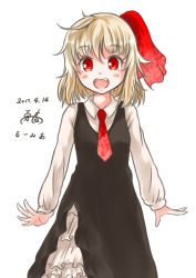 Rule 34 | 1girl, :d, absurdres, black dress, blonde hair, dress, frills, hair ribbon, highres, hikaru no yuska, long sleeves, necktie, open mouth, red eyes, ribbon, rumia, short hair, simple background, smile, solo, touhou, white background
