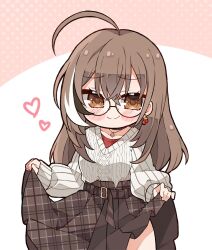 Rule 34 | 1girl, ahoge, belt, berry, black choker, blush, brown eyes, brown hair, brown skirt, choker, clothes lift, commentary, crossed bangs, earrings, food-themed earrings, heart, highres, hololive, hololive english, jewelry, kukie-nyan, long hair, long skirt, looking at viewer, multicolored hair, nanashi mumei, nanashi mumei (casual), necklace, official alternate costume, plaid, plaid skirt, pleated skirt, red shirt, shirt, simple background, skirt, skirt hold, skirt lift, sleeves past wrists, smile, streaked hair, sweater, symbol-only commentary, very long hair, virtual youtuber, white sweater